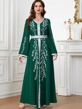 Abaya Islamic Fashion Solid Emberoidery Maxi Dresses Long Sleeve V-Neck Belted Clothing Moroccan Kaftan For Women Green Dress
